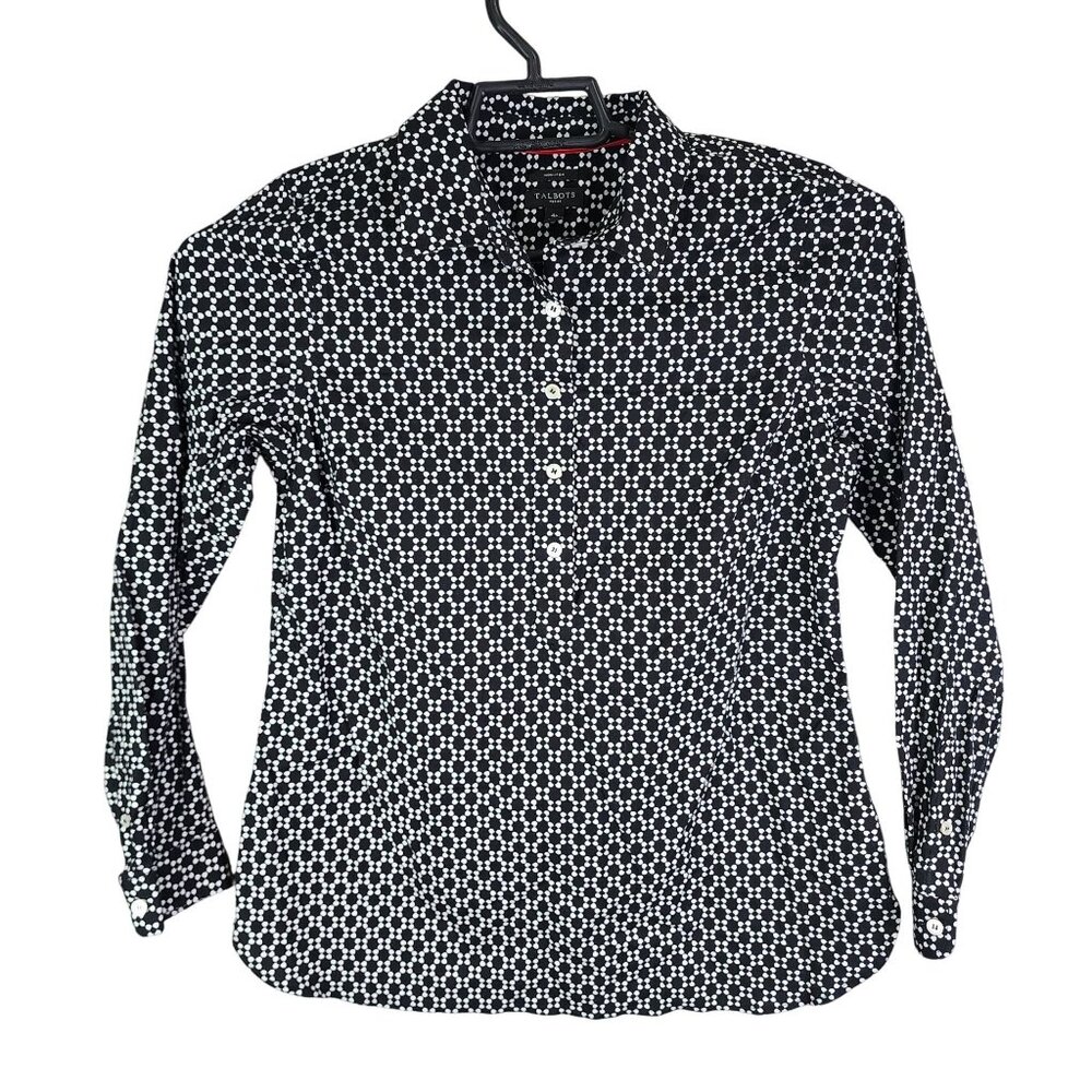 Womens Talbots Petite Shirt Non-Iron Black & White Printed Button Up Size 4P